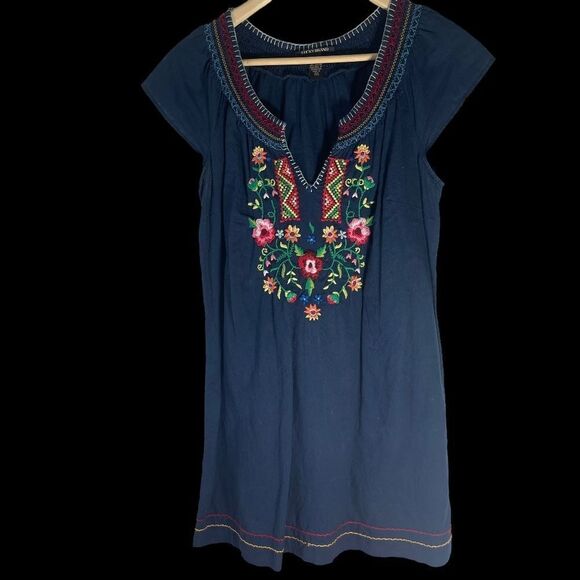 Lucky Brand Navy Embroidered Linen/Cotton Shift Dress Sz M - Picture 2 of 8